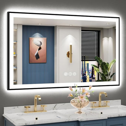 50x30 Black LED Bathroom Mirror, Backlit & Front Lit Lighted Mirror | Metal Framed Anti-Fog Vanity Mirror with Lights, 3 Color Dimmable, Memory, HD Tempered Glass, CRI95, UL Listed, Wall Mounted