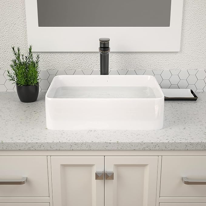 Dcolora 19" x 15" Rectangular Bathroom Vessel Sink, White Ceramic Porcelain Above Counter Vanity Basin, Modern Rectangle Sink for Bathroom