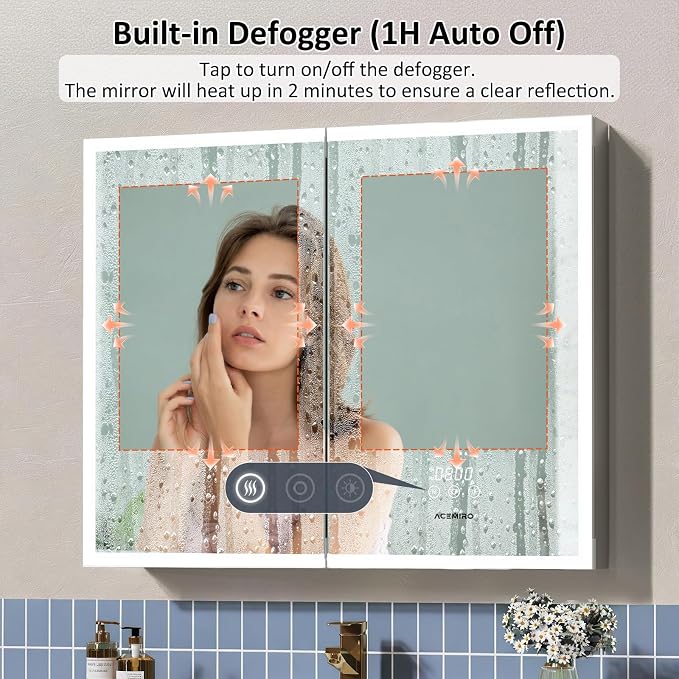 ACEMIRO 36"×30" Lighted Medicine Cabinet with Mirror, Surface or Recessed Bathroom Mirror Medicine Cabinet with Clock & Temp Display, Defogger, Dimming, Built-in Outlet & USB Ports, Double Door