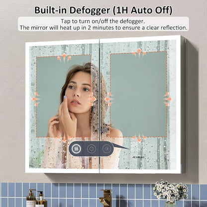 ACEMIRO 36"×30" Lighted Medicine Cabinet with Mirror, Surface or Recessed Bathroom Mirror Medicine Cabinet with Clock & Temp Display, Defogger, Dimming, Built-in Outlet & USB Ports, Double Door