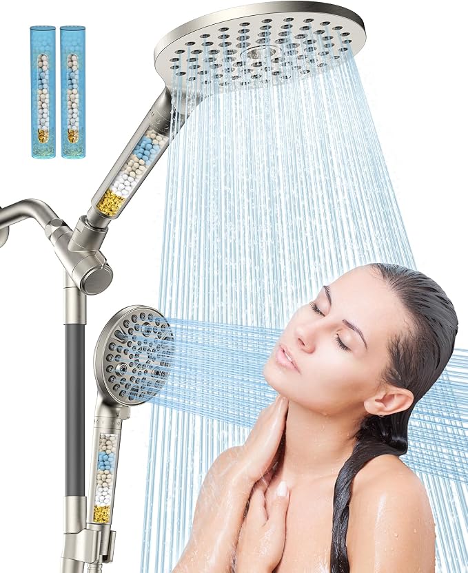 Dual Filtered Handheld Shower Heads Combo, HOPOPRO 15-Mode High Pressure Rainfall Showerheads Combo Set with Filter, for Hard Water, Removes Chlorine, Improves Skin Hair Condition, Brushed Nickel