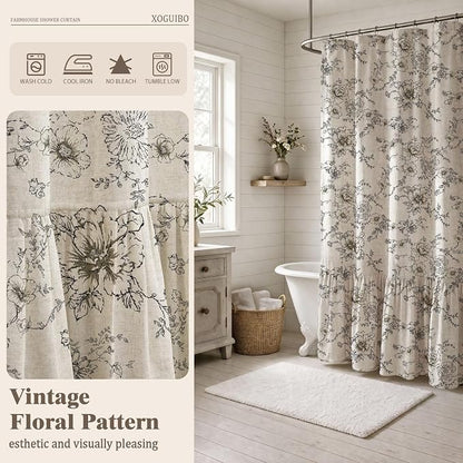 Floral Farmhouse Shower Curtain with Ruffle Hem for Bathroom | Vintage Classy Country Style, Rustic Natural Linen Blend Fabric, 72" x 72"
