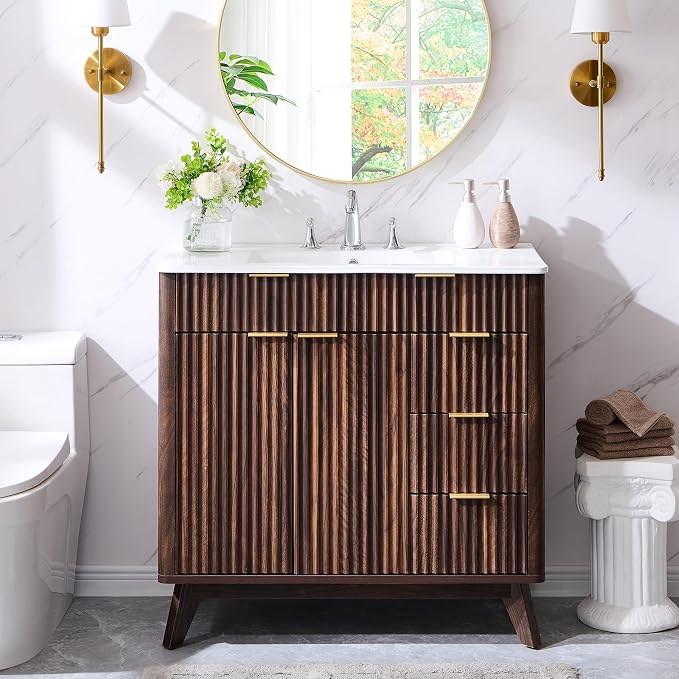 T4TREAM 36" Fluted Bathroom Vanity with Ceramic Sink Combo, Dark Walnut | Freestanding Modern Bathroom Storage Vanity Cabinet with 2 Soft Closing Doors & 3 Drawers, Wood Grain Texture, Metal Handle