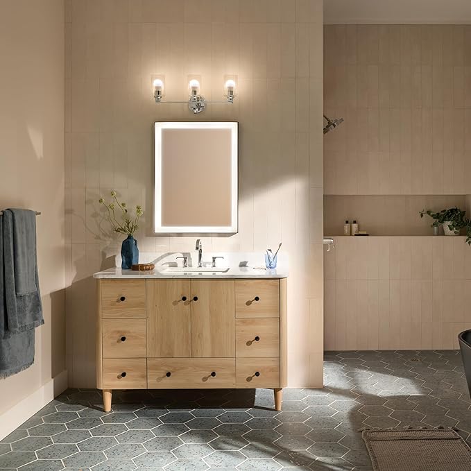 Kichler Gioe 24.25" 3-Light Vanity Light with Clear Fluted Glass in Chrome, Damp Rated, for Bathroom, Powder Room, Over a Mirror, (24.25" W x 10.5" H), 55226CHFLU