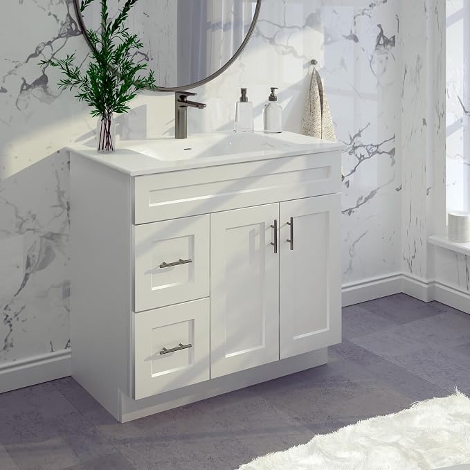 36" White Shaker Bathroom Vanity Base – Ready-to-Assemble Sink Cabinet with Drawers, Freestanding Bathroom Vanity Base Only, No Top or Sink