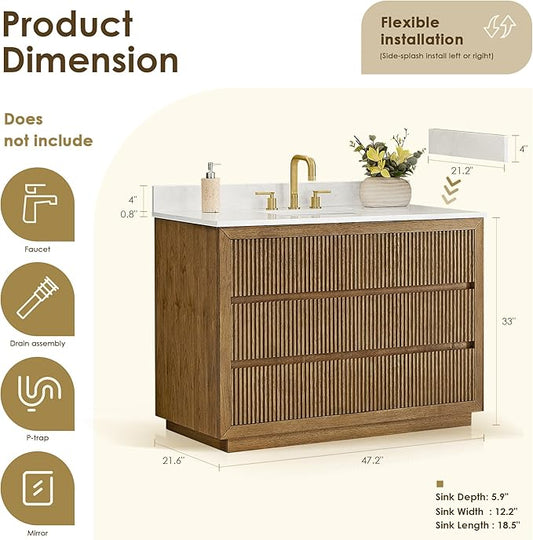 ALTAIR 48 Inch Bathroom Vanity with Sink Single Vanities Brown Pedestal Large Storge Cabinet with Backsplash Sidesplash Ceramic Countertop Mordern Pre-Assembled Bath Fixtures