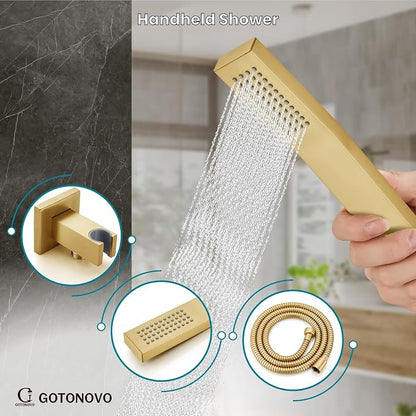 gotonovo Bathtub Shower Faucet Set, 10 Inch Shower Head, Brushed Gold | Wall Mounted Shower System with Tub Spout for Bathroom, Square High Pressure Rain Shower head with Handheld Spray, All Metal