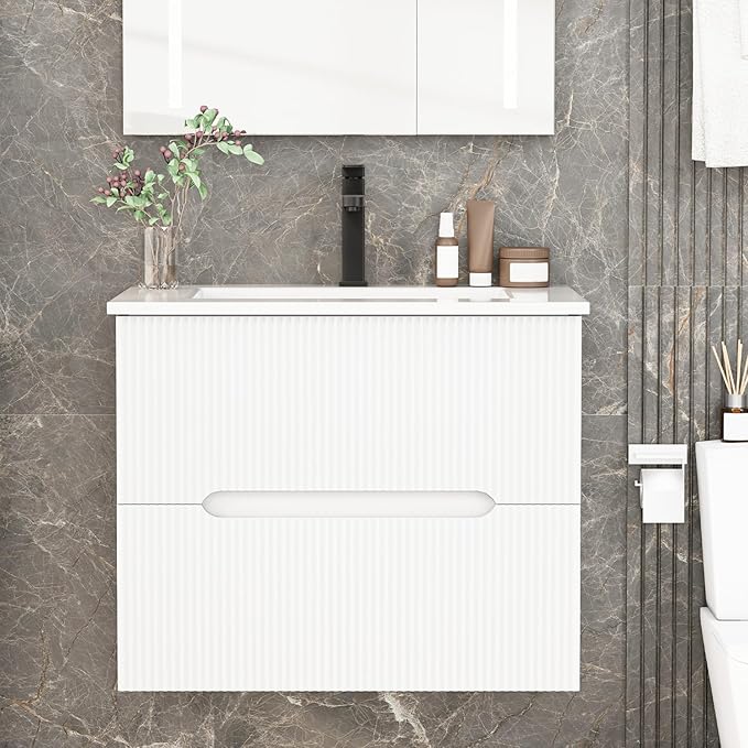 EROMMY 24 Inch Bathroom Vanity with Sink, Floating Bathroom Vanity with Ceramic Basin, Wall Mounted Bathroom Sink Cabinet Set with Soft-Close 2 Drawers, Faucet & Pop Up Drain, White
