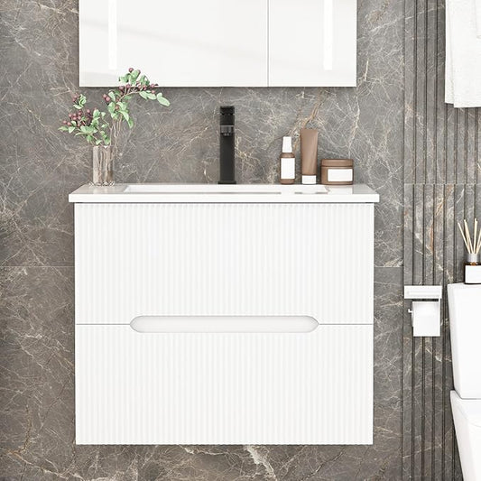 EROMMY 24 Inch Bathroom Vanity with Sink, Floating Bathroom Vanity with Ceramic Basin, Wall Mounted Bathroom Sink Cabinet Set with Soft-Close 2 Drawers, Faucet & Pop Up Drain, White