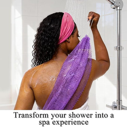 Authentic African Net Sponge,2Pack 45In Exfoliating Bath Sponge and Shower Loofah for Body and Back,Colorfast Quick-Dry Knotted Mesh Scrubber with Travel Pouch(Lavender purple&Bright yellow)