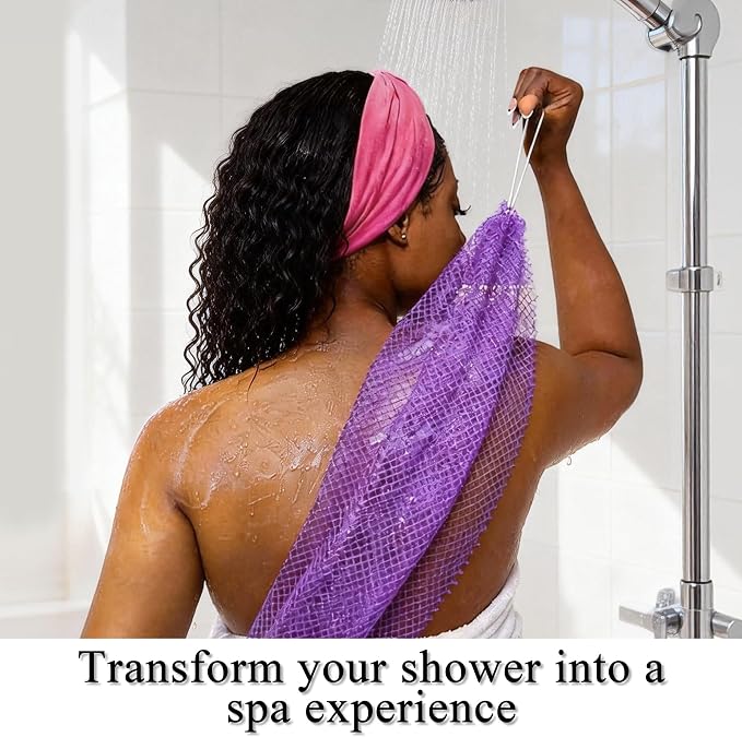 Authentic African Net Sponge,2 Pack 45-In Exfoliating Bath Sponge and Shower Loofah for Body and Back,Colorfast Quick-Dry Knotted Mesh Scrubber with Travel Pouch (Blush Pink&Lavender Purple)