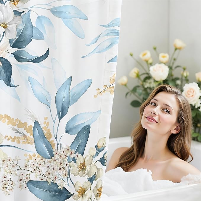 16 PCS Floral Shower Curtain Set with Rugs,72x72 Inch | Flower Bath Curtains, High Absorbent Non-Slip Mats, Thick 120GSM Fabric Curtain with 12 Brushed Metal Hooks,