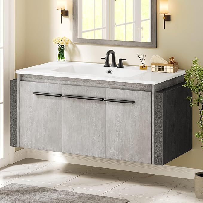 DWVO Modern 36" Bathroom Vanity with Sink Combo, Wall Mounted, White + Gray, 2 Soft-Close Doors, 1 Large Storage Cabinet, Ceramic Sink, Bathroom Storage