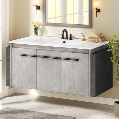 DWVO Modern 36" Bathroom Vanity with Sink Combo, Wall Mounted, White + Gray, 2 Soft-Close Doors, 1 Large Storage Cabinet, Ceramic Sink, Bathroom Storage