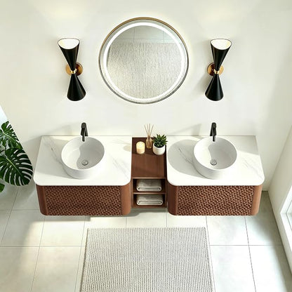 72 Inch Double Vanity with Sink Set, Floating Bathroom Sink Cabinet with Sintered Stone Top&Solid Wood Hammered Frame, Double Bathroom Vanities w/Soft-Close Drawers&1 Side Open Cube