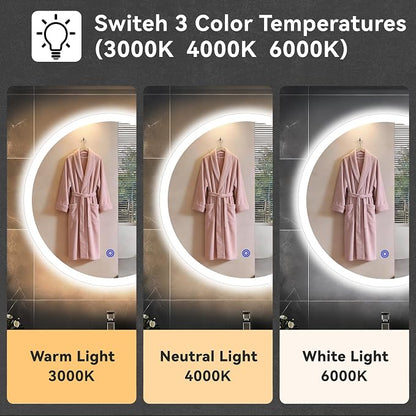 20“ x 20” LED Bathroom Smart Mirror, Round Mirror with Three Color Light Temperature Brightness Settings,Backlit + Front Lit,Wall-Mounted Vanity Mirror with Memory Function