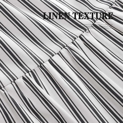 Farmhouse Shower Curtain Ruffle Linen White-Black Stripe 72"W x 72"L | Farmhouse Boho, Striped, Bottom Ruffle, Cotton Fabric, Rustic, Country, Natural Look, Washable, for Bathroom Bathtub