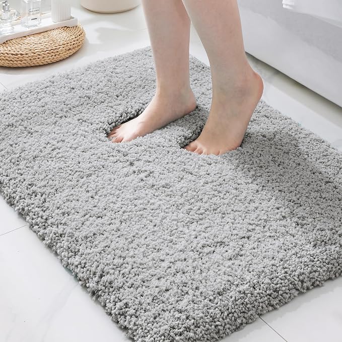 ILANGO Grey Bathroom Rugs 36" × 24" Non Slip & Super Absorbent Extra Thick Soft, Washable Bath Mat for Floor, Microfiber Plush Shaggy Bath Rug with Rubber for Bathtub Shower Room Sink