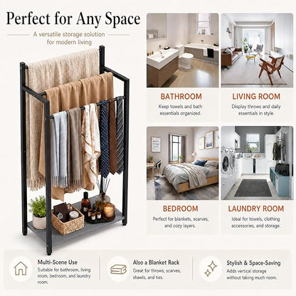 16.9" W Freestanding Towel Rack with Oak Grey Wood Shelf | 3 Tier Blanket Ladder Stand for Bathroom Living Room, Metal Frame,31.5"H x 16.9"W x7.9"D