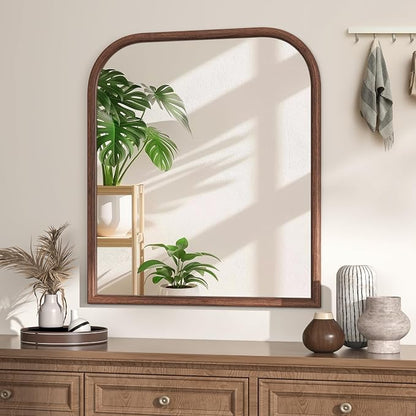 28"x32" Arch Wall Mirror for Wall, Wall Mounted Vanity Mirror for Bedroom, Wood Grain Finish Frame Mirror with Tempered Glass, Vintage Decorative for Bathroom, Entryway, Living Room, Walnut