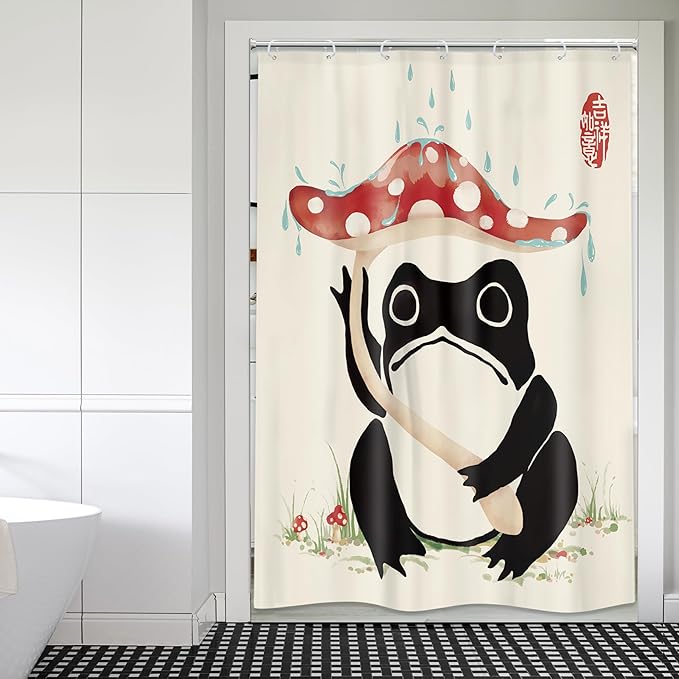 LGhtyro Funny Frog Shower Curtain Bathroom Set 48Wx71H Inches Mushroom Lovely Asian Japanese Style Traditional Black Beige Green Grassland Bath Accessories Frog Art Home Decor Fabric 8 Pack Hooks