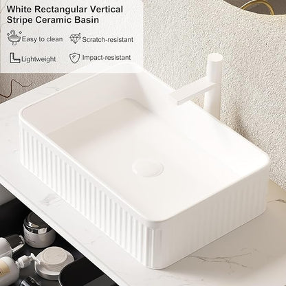 30'' Bathroom Vanity with Sink, Floating Vanities with Rectangular Ceramic Basin and Marble Top, Extra Large Storage Drawer, Soft-Close Design, Pre-Assembled Cabinet, White