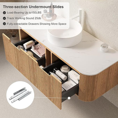 48" Bathroom Vanity with Sink, Floating Plywood Bathroom Vanities with Ultra-Thin Ceramic Basin and Marble Top, 2 Large Soft-Closing Storage Drawers, Pre-Assembled Cabinet, Nature Wood