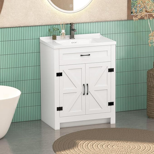 24 Inch Bathroom Vanity with Sink, Small Bathroom Sink Cabinet with 2 Barn Doors, White Single Sink Bath vanities Combo (19" D x 24" W x 36" H)