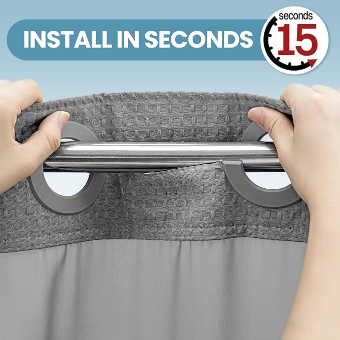 EUTXL Heavyweight No Hook Shower Curtain with Liner, Grey,71x86 | Snap in Liner, 256GSM Thick Waffle Fabric, Hotel Luxury Spa, Corner Magnets, Quick Dry, Waterproof & Washable, Extra Long