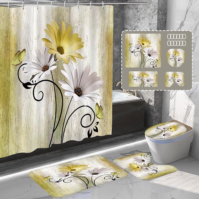 Onalasyc 4PCS Yellow Daisy Bathroom Sets with Shower Curtain and Rugs | Country Floral Butterfly Shower Curtain Set,Modern Bathroom Decor Shower Curtains Set with Rugs Toilet Lid Cover and 12 Hooks