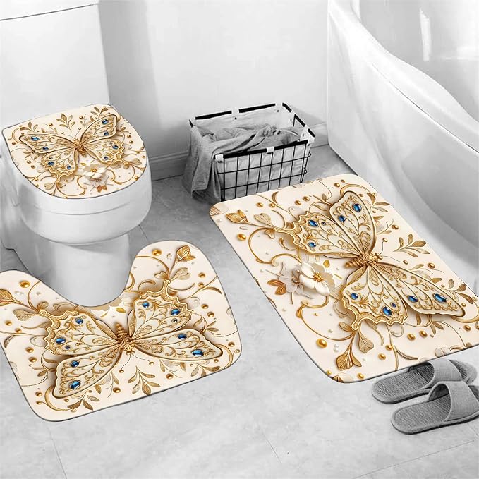 Chrainy 4pcs Golden Butterfly Shower Cutain Set Bathroom Decor Accessories | Waterproof Floral Bath Curtain for Bathroom Washroom 71*71 in with Non-Slip Rug, U-Shaped Mat, Toilet Lid Cover and 12 Hooks