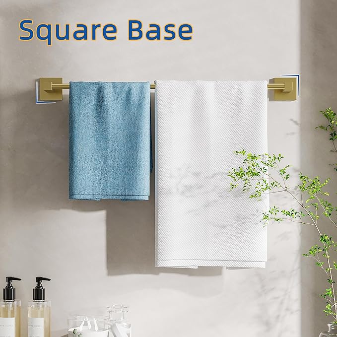 RUACQ Gold Towel Bar 24 inch, 304 Stainless Steel Towel Racks for Bathroom Wall Mounted, Heavy Duty Bath Towel Rod with Square Base(Brushed Gold)
