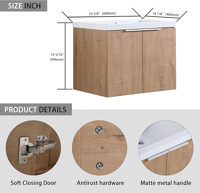Henf 36" Floating Bathroom Vanity with Sink for Compact Space, Brown Wall Mount Bathroom Vanity Cabinet with Sink Combo, 36 Inch Bathroom Vanities Set with Open Storage Shelf & 2 Side Cabinet