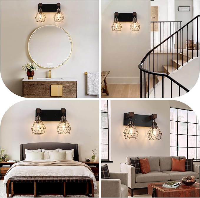 VbiTmn Black Gold Bathroom Light Fixtures, 2-Light Farmhouse Vanity Light | Metal Diamond Shade, Rustic Wall Mount Over Mirror for Bedroom & Hallway, Easy to Install, Sturdy Build for Bathroom Use