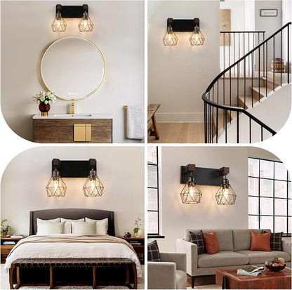 VbiTmn Black Gold Bathroom Light Fixtures, 2-Light Farmhouse Vanity Light | Metal Diamond Shade, Rustic Wall Mount Over Mirror for Bedroom & Hallway, Easy to Install, Sturdy Build for Bathroom Use