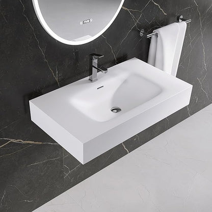 Wall Mount Bathroom Sink 31.9"L x 18"W x 5"H, Resin Stone Floating Sink with Single Facuet Hole, Rectangle Countertop Freestanding Vessel Sinks