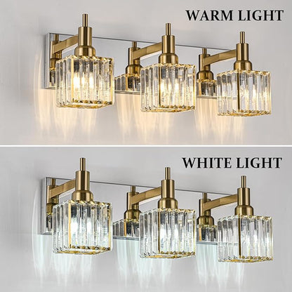 Crystal Bathroom Vanity Light Gold Chrome 3-Light Modern Bathroom Lighting Fixtures Over Mirror Square Wall Sconce