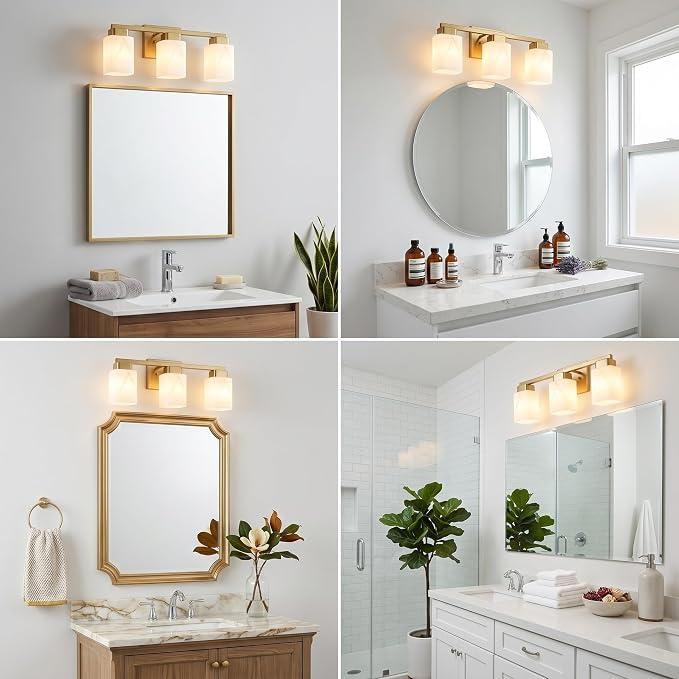 3-Light Square Bathroom Light Fixture, Gold Modern Vanity Light with White Marble Glass Shade, for Bathroom Mirror, Living Room, Bedroom, Hallway, E26 Base