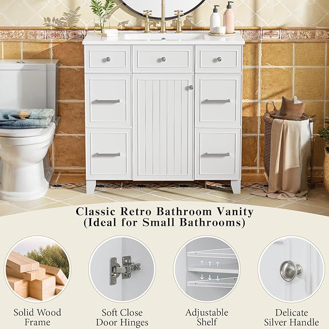 Favfurish 36" Bathroom Vanity with Ceramic Sink,Undermount Single Basin Bath Vanity Set w/Soft Closing Door and 3 Drawers,Modern Freestanding Storage Cabinet,Solid Wood Frame,White