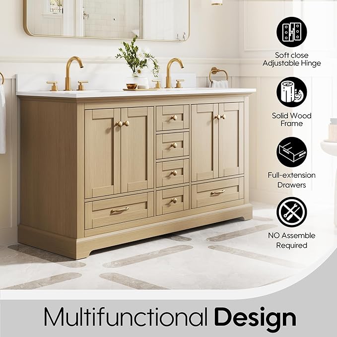 WELLFOR 60" Bathroom Vanity with Double Sinks, Bathroom Freestanding Vanity W/4 Soft-Close Doors and 6 Drawers, Large Storage Space Vanity, Bathroom Vanity with Cultured Marble Countertop (Oak)