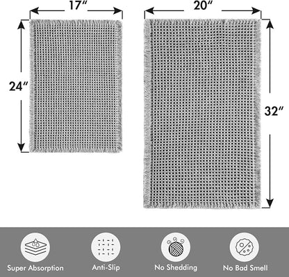MIULEE Set of 2 Waffle Bathroom Rugs Light Grey Bath Mat 17"x24"+20"x32" | Non Slip, Super Absorbent, Washable, Ultra Soft, Rubber Backed Bath Rugs for Bathroom Floor Tub Shower