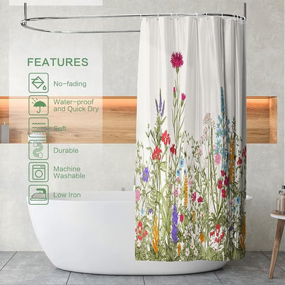 Shower Curtain Floral, Summer Shower Curtain Sage Green Flowers Plant Herbs Shower curtains for Bathroom with Hooks Waterproof Washable Farmhouse Home Decor Botanical Wildflowers Bath Curtains
