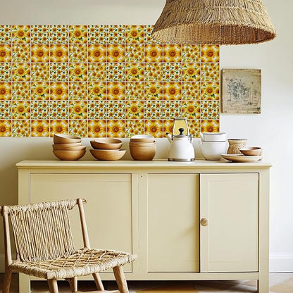 36pcs 4 Styles Sunflower Tile Stickers Yellow Pattern Waterproof PVC Tile Decals for Kitchen Bathroom 4x4 inch
