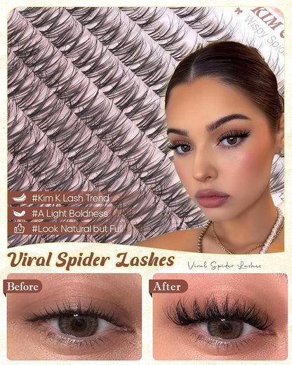 Wispy Lash Clusters Spider Eyelash Clusters 10-16mm Natural Cluster Eyelash Extensions Fluffy DD Curl Individual Lashes Clusters Breeze Eyelashes Cluster with Soft Clear Band Kim K Lash Style