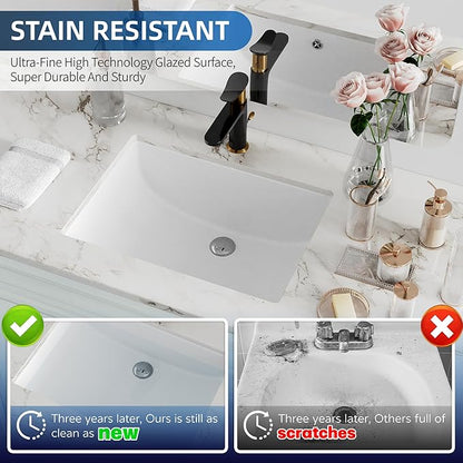 Undermount Bathroom Sink Rectangle, Hugsleek Interior Bowl Size 18.3 x 12.3 inch White Porcelain Ceramic Vessel Sink Under Counter Exterior Size 20x14in Rectangular Bath Sink Basin Lavatory Fireclay