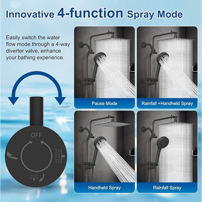 Metal 12" Rain Showerhead with 10-Spray Handheld, Easy Reach 4-way Diverter | Matte Black Finish, Upgraded High Pressure Shower Head with Pause Mode, 71" Stainless Steel Hose/12" Extension Arm