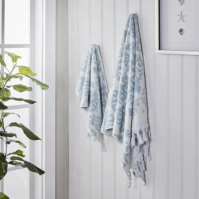 SKL Home Mirage Fringe Hand Towel Set-2pc, 100% Turkish Cotton, Aqua | 640 GSM weight. Spa-level quality. Soft & absorbent, reversible jacquard. For the bathroom, kitchen, bar or any sink space.