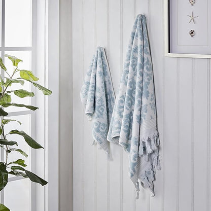 SKL Home Mirage Fringe Hand Towel Set-2pc, 100% Turkish Cotton, Aqua | 640 GSM weight. Spa-level quality. Soft & absorbent, reversible jacquard. For the bathroom, kitchen, bar or any sink space.