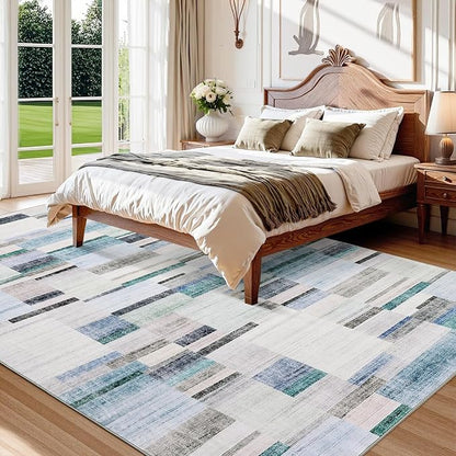 Washable Rugs 9x12 Area Rug for Bedroom Geometric Modern Rug Non Slip Throw Rugs Large Living Room Rug Low Pile Soft Stain Resistant Carpet for Nursery Dining Room 9'x12' Blue