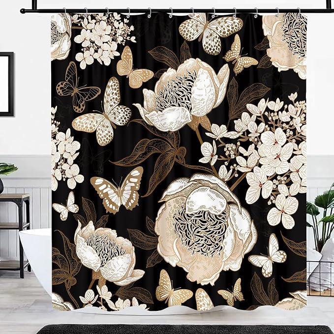 Black and Gold Floral Butterfly Shower Curtain, Boho Dark Flowers Botanical Aesthetic Shower Curtain for Bathroom with Hook, Vintage Moth Farmhouse Unique Chic Shower Curtain Set with Hooks 72X72